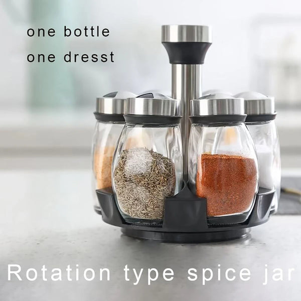 7Pcs Set Rotating Base Spice Seasoning Jar Set Kitchenware Creative Multifunctional Rotating Glass Spice Box Jars Set for Spices Pepper