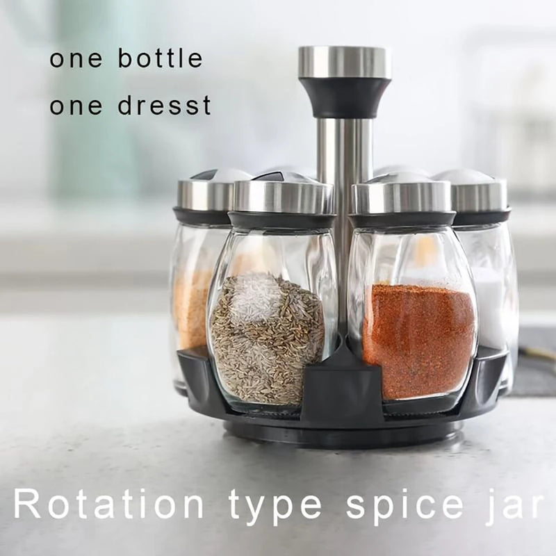 7Pcs Set Rotating Base Spice Seasoning Jar Set Kitchenware Creative Multifunctional Rotating Glass Spice Box Jars Set for Spices Pepper