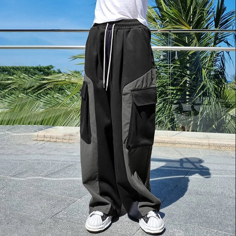 INCERUN Mens Contrast Color Workwear Pocket Pant Fashion Loose Fit Elastic Waist Drawstring Trousers S-5XL