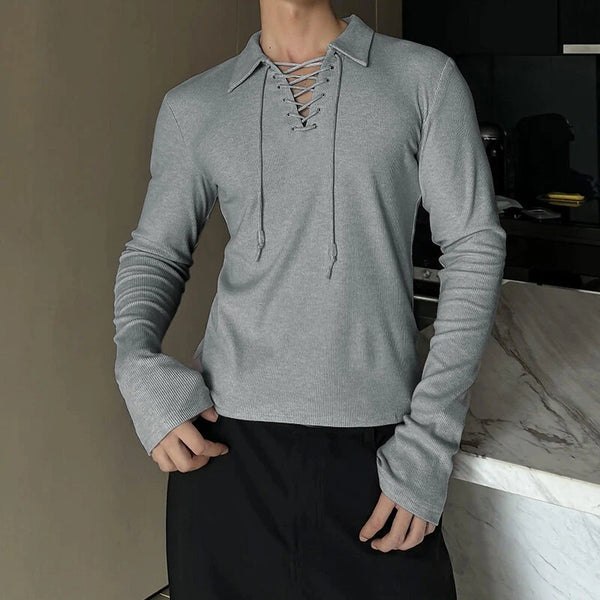 INCERUN Mens Lace-Up Cross V-Neck Long-Sleeve T-Shirt Comfortable Soft Fabric Solid Color Tshirt Top for Male