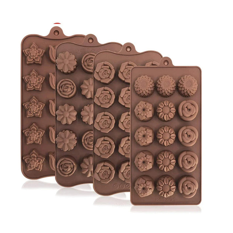 4PCS Food-Grade Silicone Material Chocolate Molds Set Rose Flower Heart Chocolate Mould Waffle Candy Ice Cube Jelly Handmade Soap Cake Decoration Baking Mold