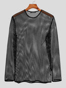 INCERUN Men Fashion Mesh See-through Casual Long Sleeve Hollow Black T-Shirt