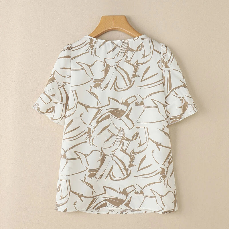 ZANZEA Women's Summer Elegant Print Blouse Casual Flare Sleeve O-Neck Cutouts Tops