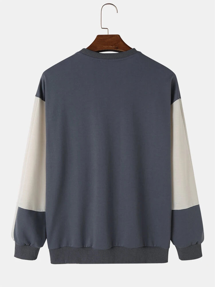 ChArmkpR Mens Smile Face Print Contrast Patchwork Pullover Sweatshirts