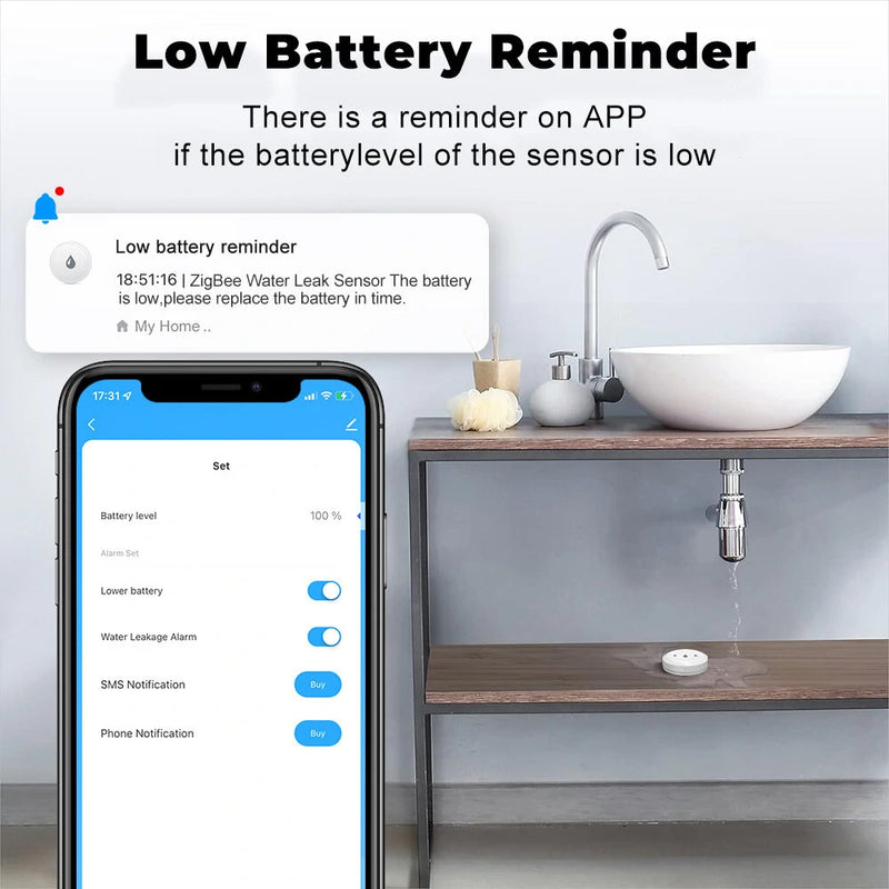Smart Home Zigbe Water Immersion Sensor Water Leakage Sensor Alarm App Remote Monitoring Water Leak Detector Tuya