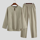 INCERUN Men Home Two Piece Set Solid Color Cotton Linen Long Sleeve Top and Pant with Pockets, Casual Men's Set Plus Size Spring Fall