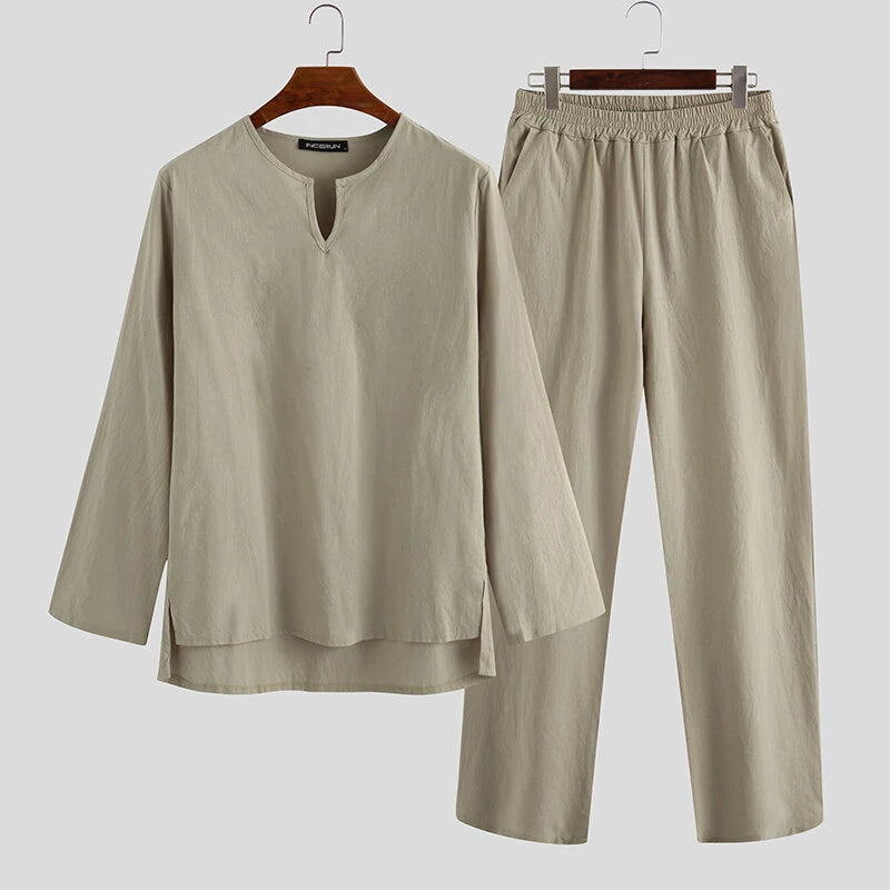 INCERUN Men Home Two Piece Set Solid Color Cotton Linen Long Sleeve Top and Pant with Pockets, Casual Men's Set Plus Size Spring Fall