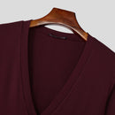 INCERUN Mens Striped Long Sleeve T-Shirt Knitted Solid Color Fashion Big V-neck Tshirt for Male S-5XL