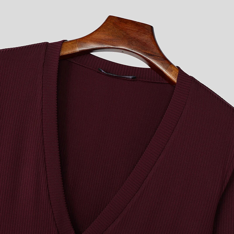 INCERUN Mens Striped Long Sleeve T-Shirt Knitted Solid Color Fashion Big V-neck Tshirt for Male S-5XL