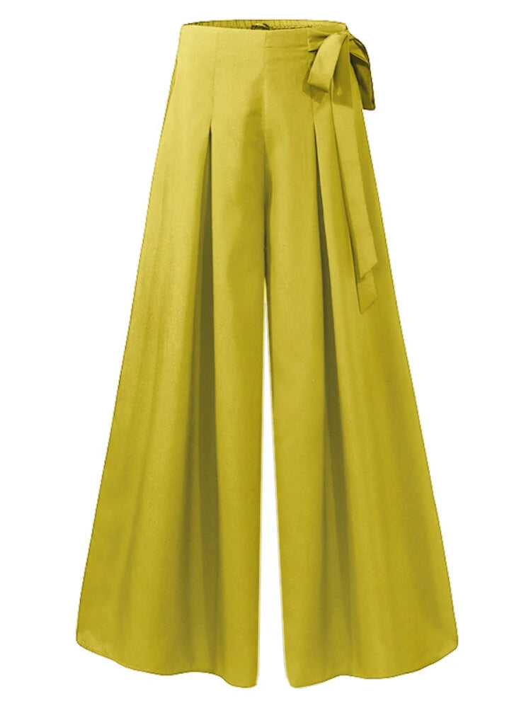 ZANZEA Women Solid Color Bowknot Pleated Loose Casual Wide Leg Pants