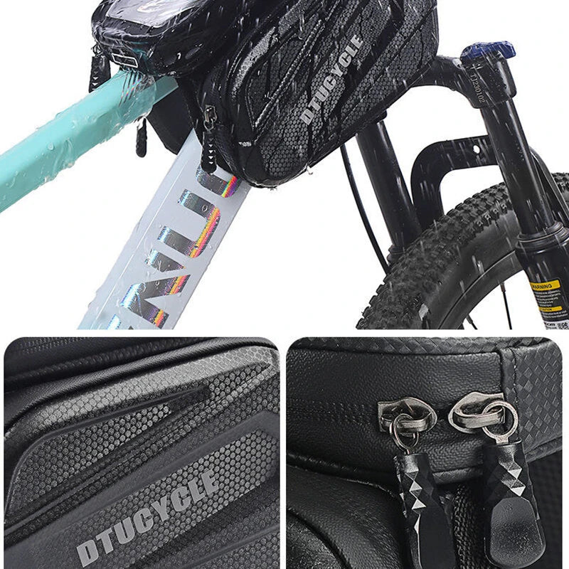 DTUCYCLE Bicycle Front Frame Separable Organizer Bag Waterproof Touch Screen Cycling Bag Triple Hoop Loop Fastening Bike Tube Bag for MTB Road
