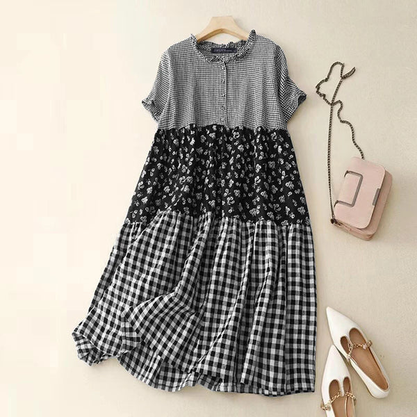 ZANZEA Women Loose Patchwork Check Floral Dress Stylish Short Sleeve Pleated Crew Neck Shirt Dress for Women Plus Size