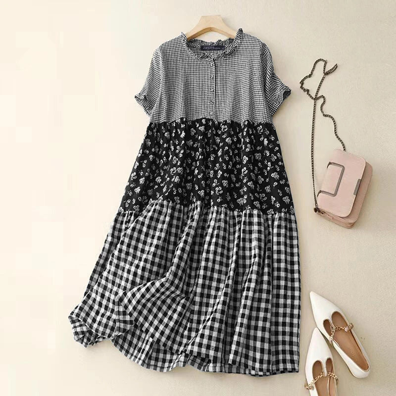 ZANZEA Women Loose Patchwork Check Floral Dress Stylish Short Sleeve Pleated Crew Neck Shirt Dress for Women Plus Size