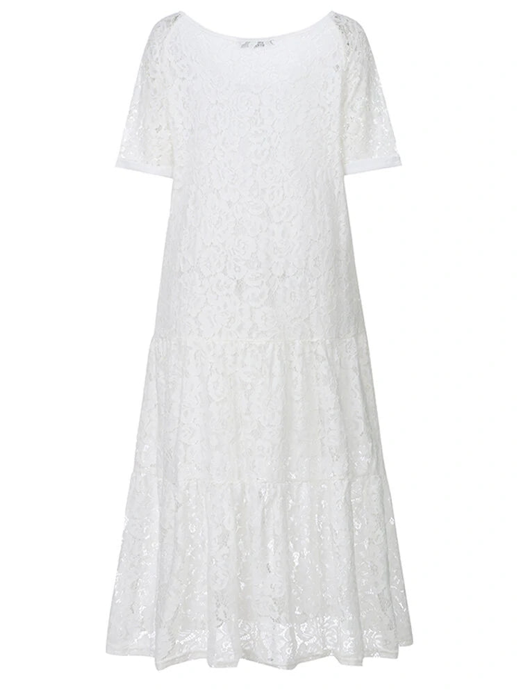 ZANZEA Plus Size Women Lace Long Dress Cold Shoulder Long Lace Croceht Hollow Out Bohemian Maxi Dress For Women