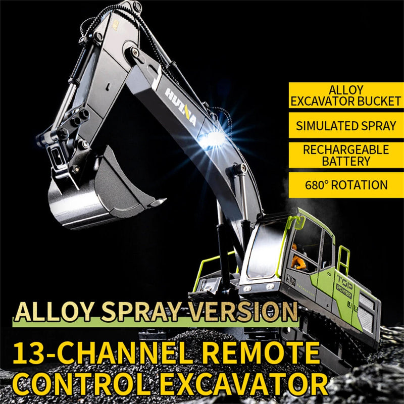 HuiNa Toys 1661 RTR 1/18 2.4G 13CH RC Excavator Alloy Bucket Engineering LED Light Spray 680 Rotation Remote Control Vehicles Models