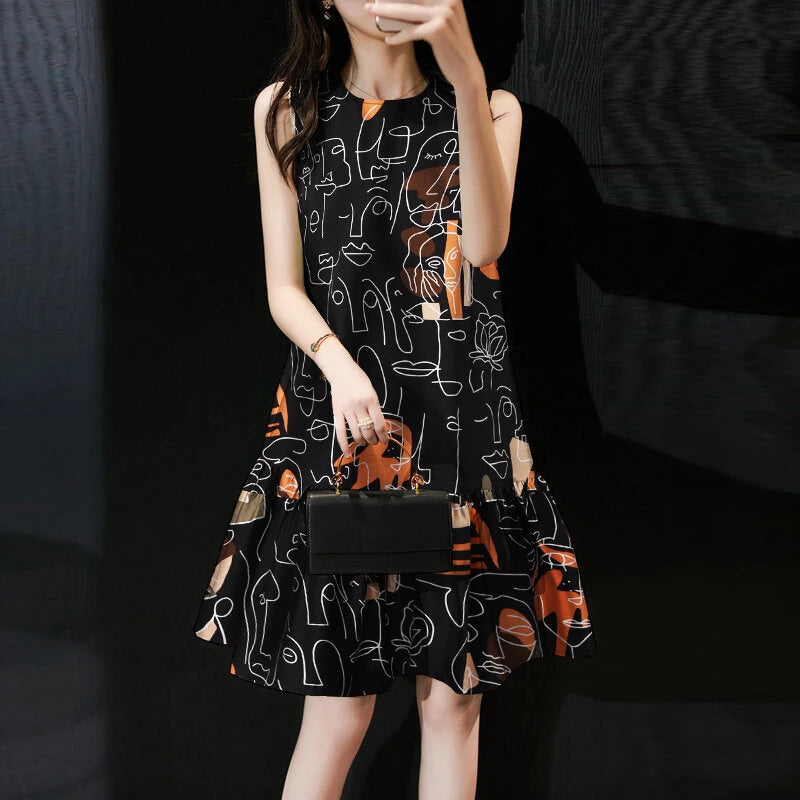 ZANZEA Elegant Style Women's Dresses Sleeveless Round Neck Printed A-Line Mermaid Dress