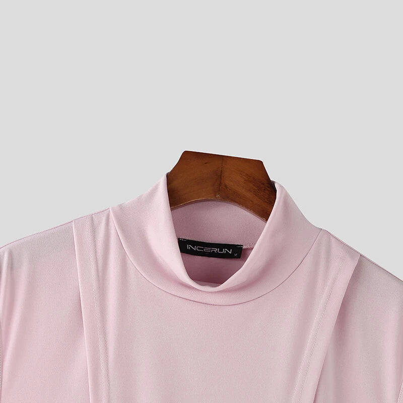 INCERUN Mens Solid Color Split Design Sleeveless T-Shirt Fashion Half Turtleneck Top for Male