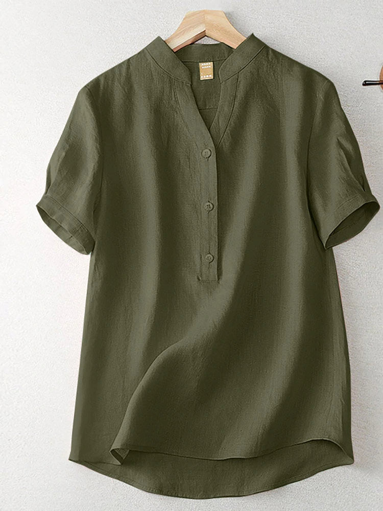Cotton Solid Button Short Sleeve V Neck Casual Blouse