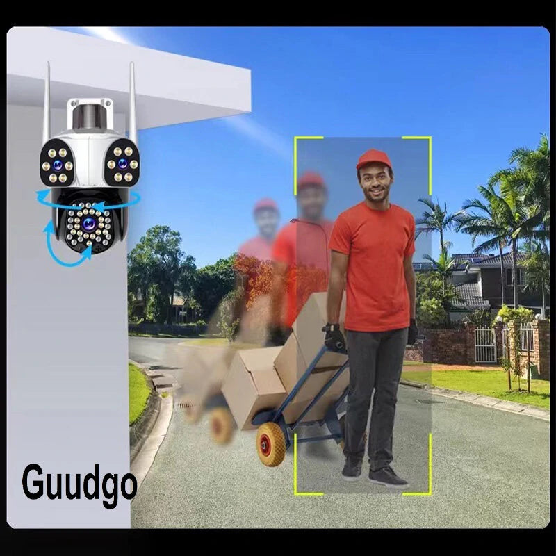 Guudgo 3MP+3MP+3MP Outdoor WiFi Cameras Three Screen View HD IP Camera Color Night Vision Human Detection Two-way Intercom IP66 Waterproof 360 Panoramic Surveillance Video Camera
