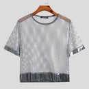 INCERUN Mens Tshirt Fashion Shiny Mesh Patchwork See Through Fishnet Short Sleeve T-Shirt Summer Cool Short Top