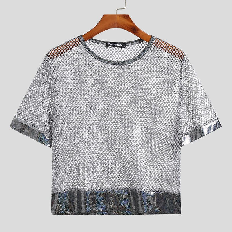 INCERUN Mens Tshirt Fashion Shiny Mesh Patchwork See Through Fishnet Short Sleeve T-Shirt Summer Cool Short Top