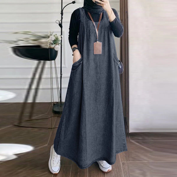 ZANZEA Women Fashion Denim Overalls Dress Summer Sleeveless Casual Loose Sundress Solid Color Maxi Dress With Pockets