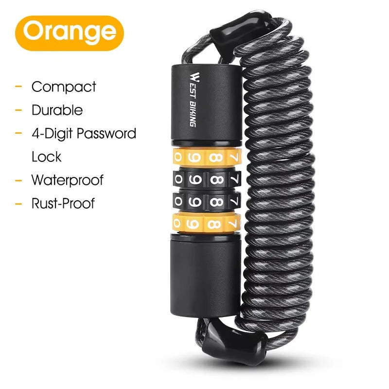 WEST BIKING Bicycle Lock Steel Cable Chain Security 4 Digit Combination Anti-Theft Password Code Safety Bike Lock