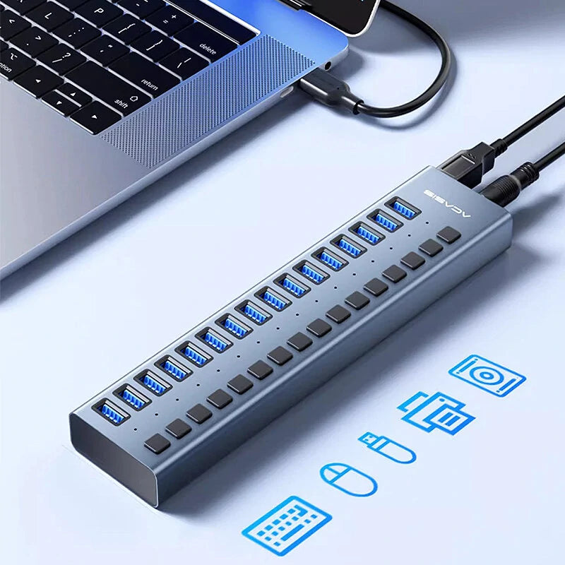 AKASIS HS-716MG 16-in-1 USB3.0 Hub High Speed 5Gbps Splitter Aluminum Alloy Docking Station with Integrated Independent Power Adapter for PC Laptop Computer