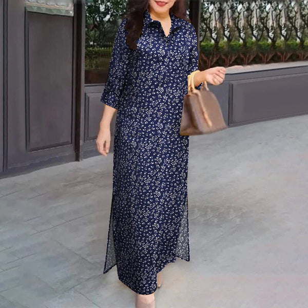 ZANZEA Women Vintage 3/4 Sleeve Lapel Split Dresses Floral Print Long Casual Shirtdress