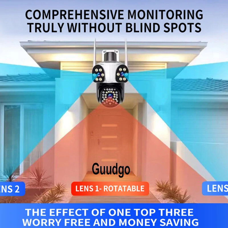 Guudgo 3MP+3MP+3MP Outdoor WiFi Cameras Three Screen View HD IP Camera Color Night Vision Human Detection Two-way Intercom IP66 Waterproof 360 Panoramic Surveillance Video Camera