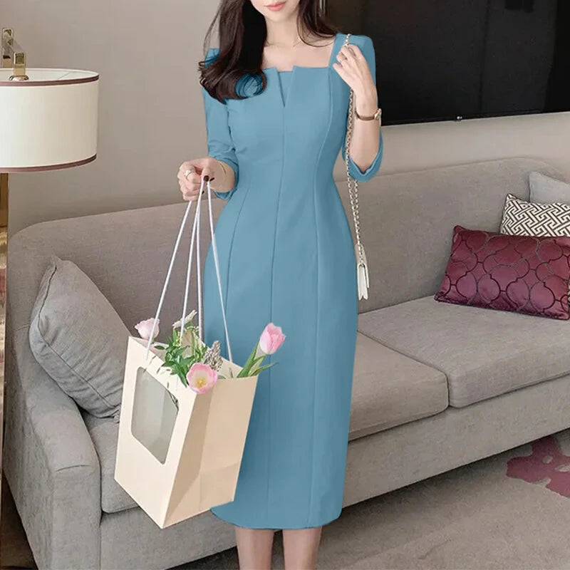 ZANZEA Womens Party Daily 7/8 Sleeve Small V-neck Design Slim Segmented Dress Solid Color Elegant Midi Dress