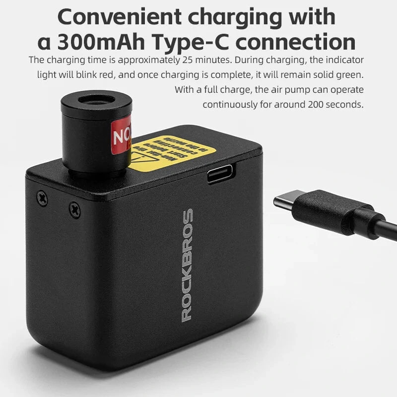 ROCKBROS Mini Portable Bike Electric Air Pump 100PSI Power 300mAh Battery USB Rechargeable Lightweight Inflator for MTB Bicycle Scooter Ball
