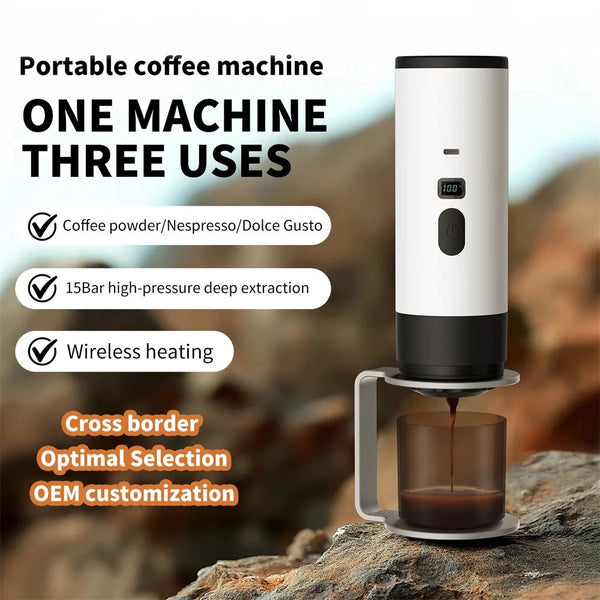IPRee 3-in-1 Portable Electric Coffee Maker Capsule Coffee Grinder Travel Coffee Maker with Cordless Heating for Car and Home Camping