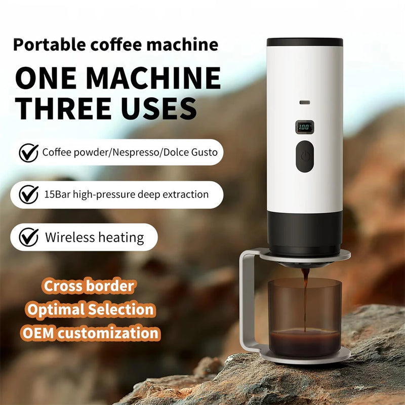 IPRee 3-in-1 Portable Electric Coffee Maker Capsule Coffee Grinder Travel Coffee Maker with Cordless Heating for Car and Home Camping