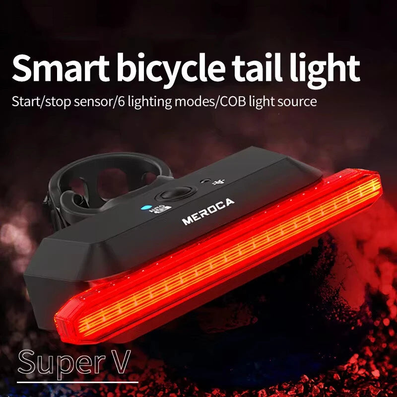 MEROCA Super V Smart Brake Sensing Bike Taillight 500mAh Battery 6 Lighting Modes IPX5 Waterproof Type-C Rechargeable Bicycle Rear Light