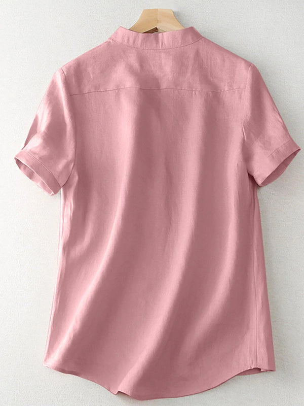 Cotton Solid Button Short Sleeve V Neck Casual Blouse