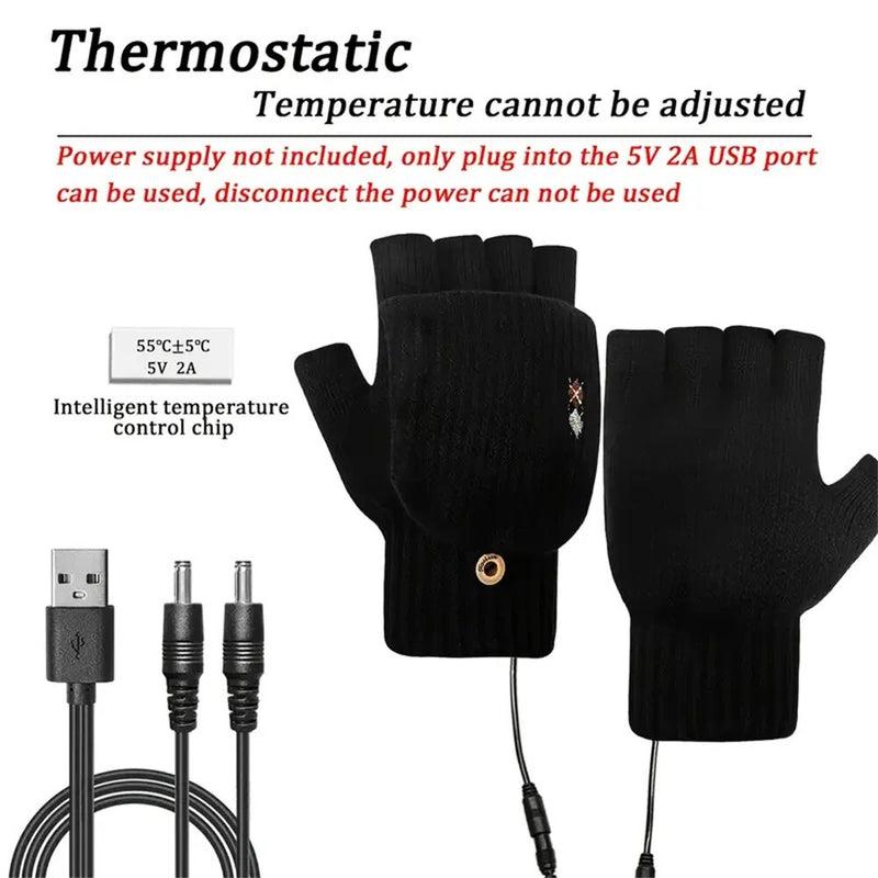 1 Pair USB Electric Heated Gloves Adjustable Temperature Half Finger Warmer Electric Thermal Winter Warm Gloves for Cycling Skiing