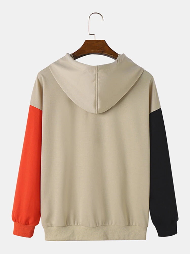 ChArmkpR Mens Ethnic Smile Print Color Block Patchwork Kangaroo Pocket Hoodies