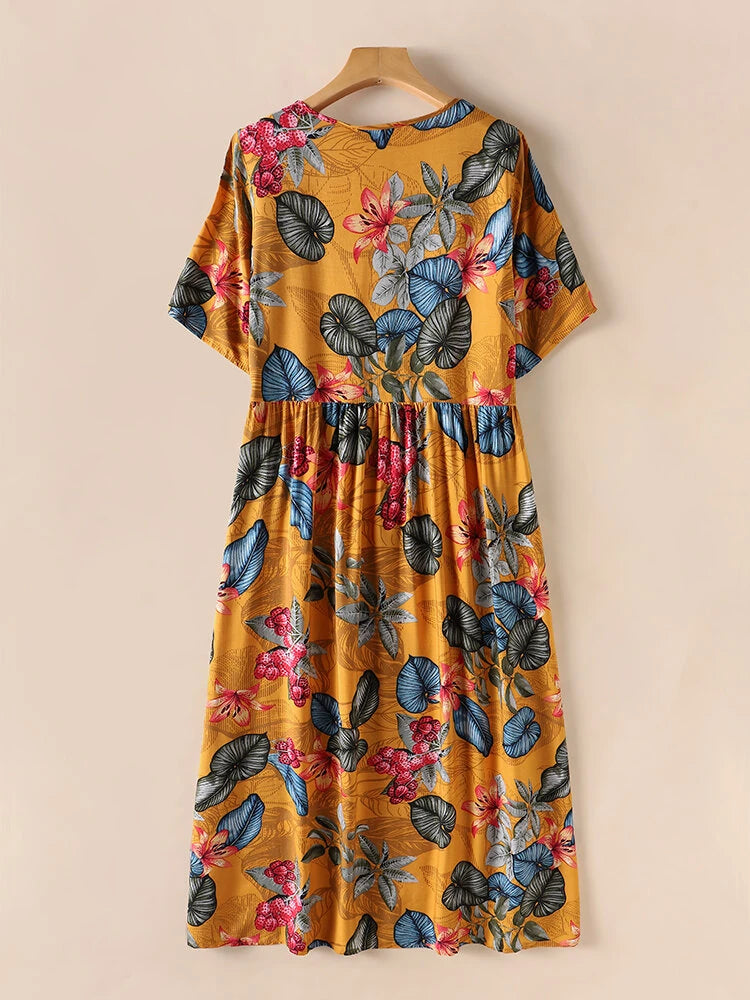 ZANZEA Womens Summer Short Sleeve Printed Swing Long Maxi Dress Holiday Beach Sundress