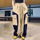 INCERUN Mens Contrast Color Workwear Pocket Pant Fashion Loose Fit Elastic Waist Drawstring Trousers S-5XL