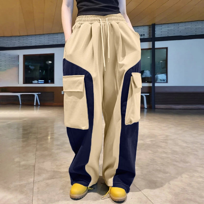 INCERUN Mens Contrast Color Workwear Pocket Pant Fashion Loose Fit Elastic Waist Drawstring Trousers S-5XL