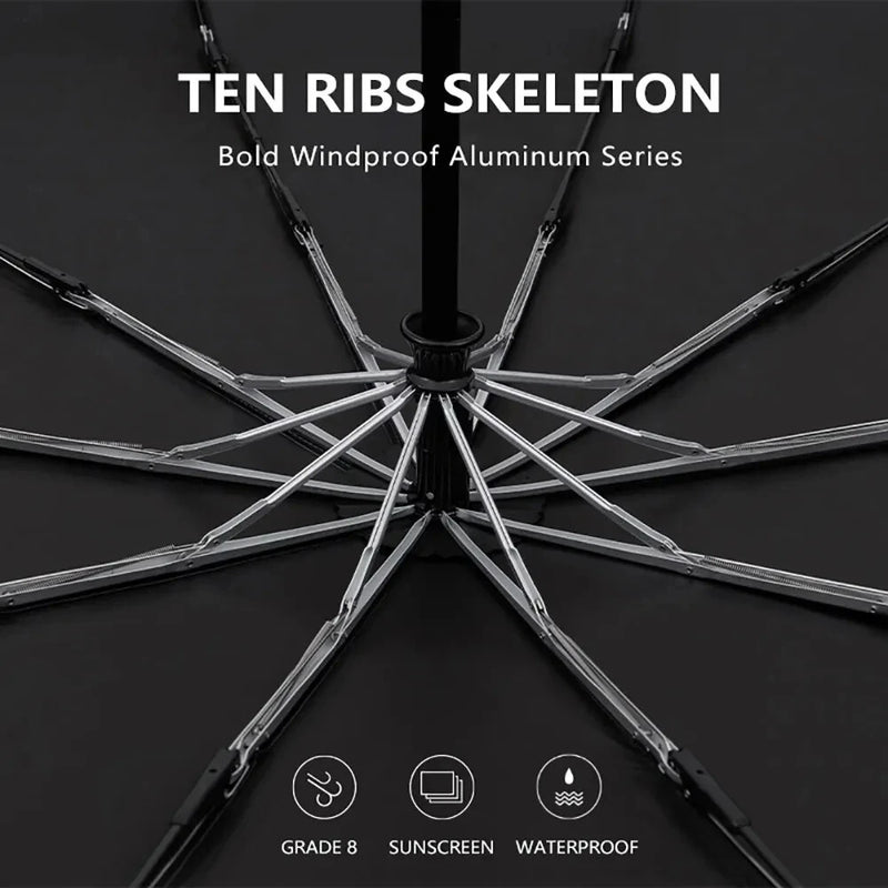 Automatic 10-Rib Wooden Curved Handle Automatic Umbrella 10K Automatic Folding Umbrella Rain Wind Resistant Umbrella Men Women UV Sun Protection Wooden Handle Umbrella