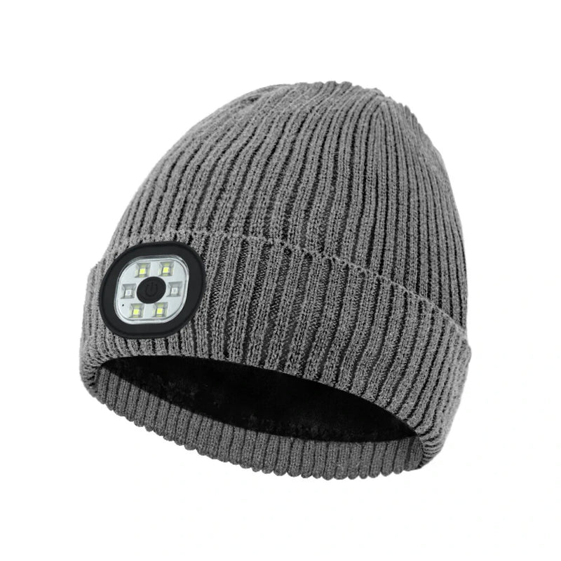 Unisex Beanie Fleece Lined LED Beanie with Light and USB Rechargeable Hands Free LED Headlamp Hat, Knitted Night Light Beanie Cap Flashlight Hat
