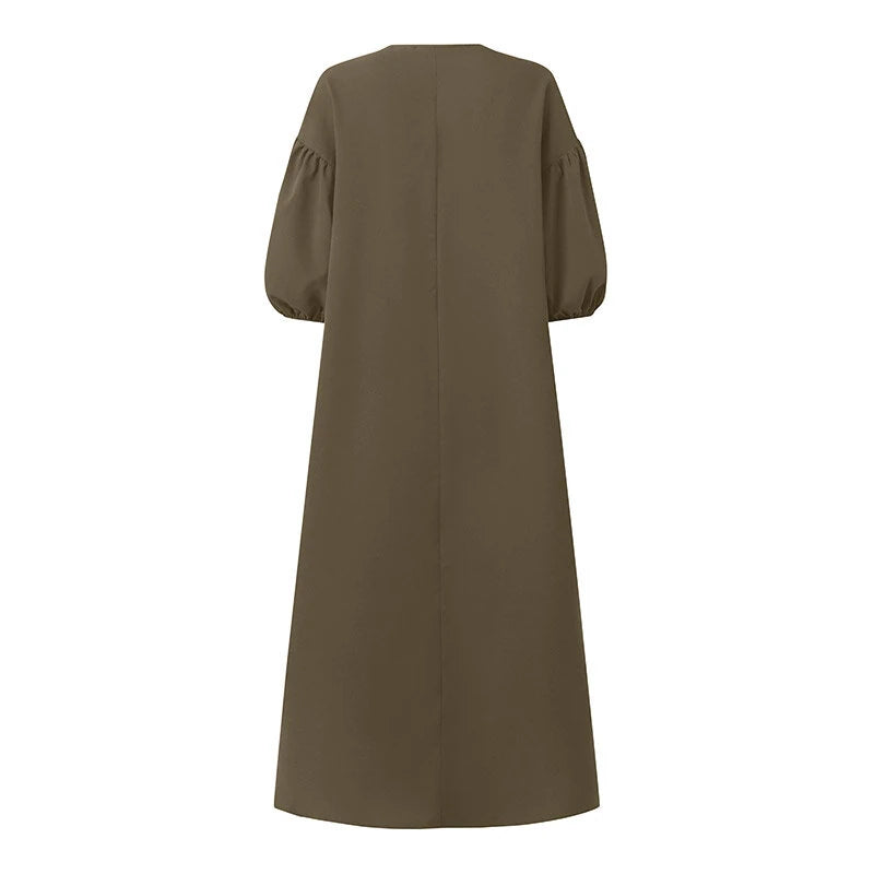 ZANZEA Women Maxi Dresses Solid Color Seven-quarter Length Lantern Sleeves Long Dresses Plus Size Women Dresses