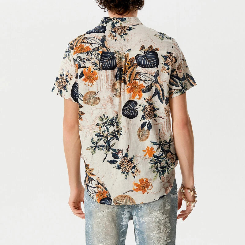 INCERUN Mens Shirts Hawaiian Short Sleeve Shirts Summer Holiday Beach Men Shirt Tropical Leaves Print Henley Shirts