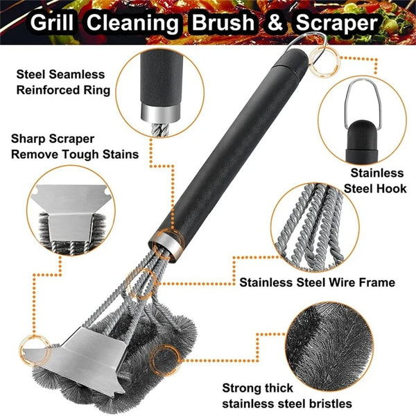 Long Handle BBQ Grill Cleaning Brush with Stainless Steel Scraper Bristles Cleaner Heavy Duty BBQ Tool Easy Stain Removal Grill Wire Brush Barbecue Accessories