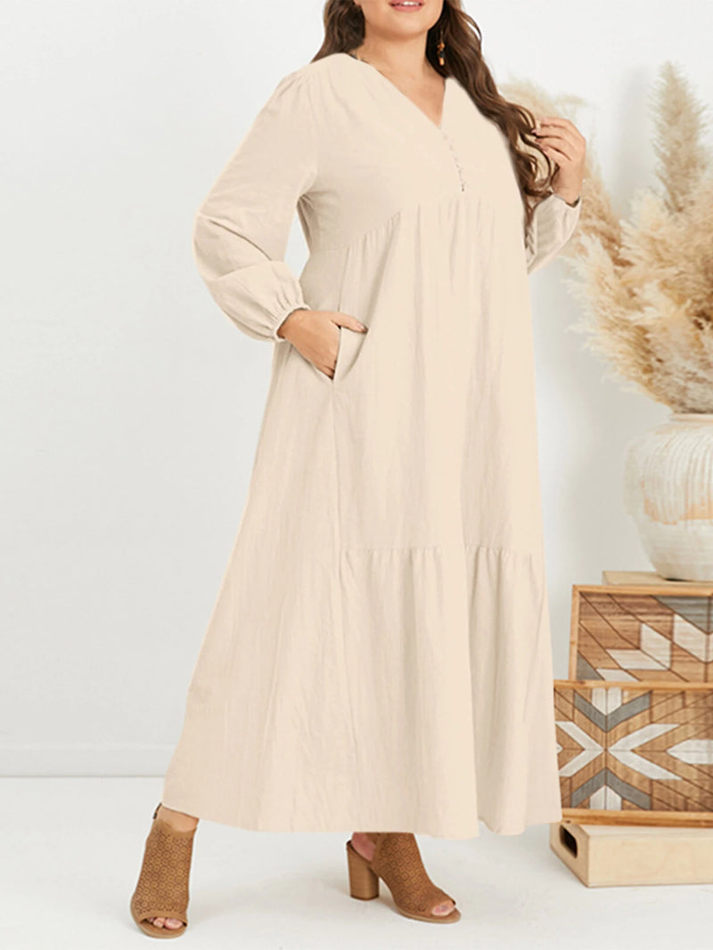 ZANZEA Plus Size Women Long Dress Solid Color V-neck Long Sleeve Causal Maxi Dress