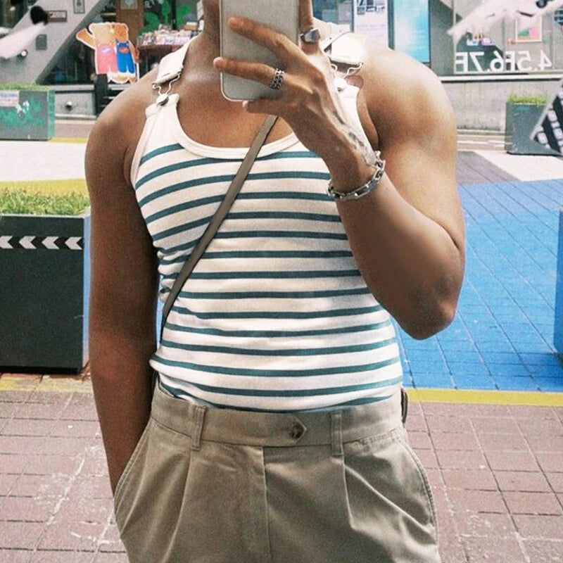 INCERUN Men Tanks Top Blue White Knitted Undershirt with Horizontal Stripes Buckle Back High Stretch Vest for Men