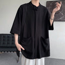 INCERUN Men Cotton Linen Half Sleeve Shirt Solid Color Comfy Loose Fit Casual Stand Collar Top for Men Plus Size Spring Fall