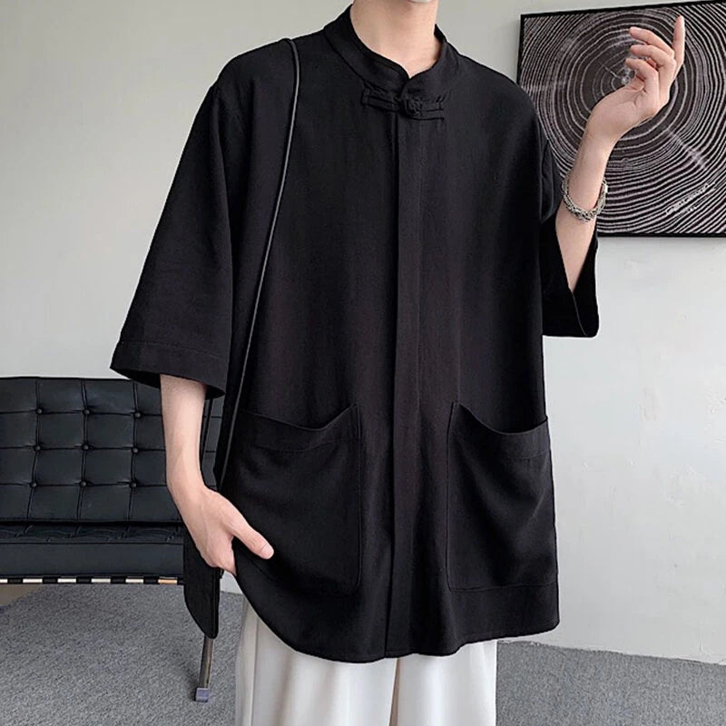 INCERUN Men Cotton Linen Half Sleeve Shirt Solid Color Comfy Loose Fit Casual Stand Collar Top for Men Plus Size Spring Fall